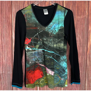 Art Simply Dolcezza Wearable Art Abstract Top Long Sleeve V-Neck Size Small S